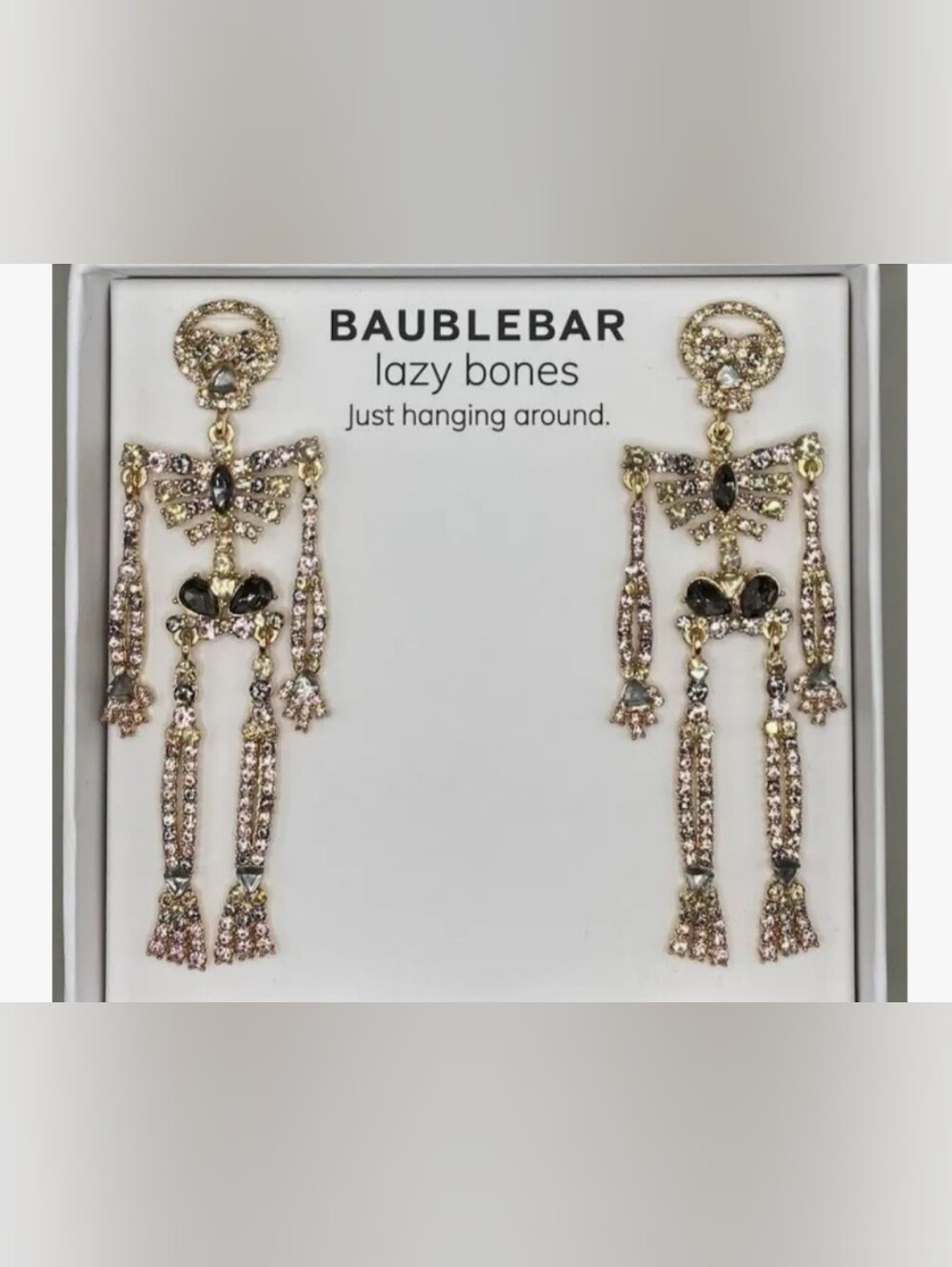 ✨️BAUBLEBAR✨️ LAZY BONES Gold-tone, Crystal Skeleton Drop Earrings-Halloween